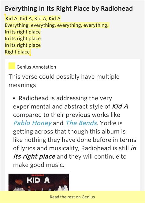 everything in its right place lyrics meaning|kid a album.